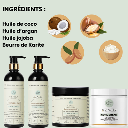 Kit Boucles Éclatantes : Soin Réparateur et Mise en Forme Harmonieuse AZAELY pour les cheveux texturés, bouclés, afro, ondulés et frisés